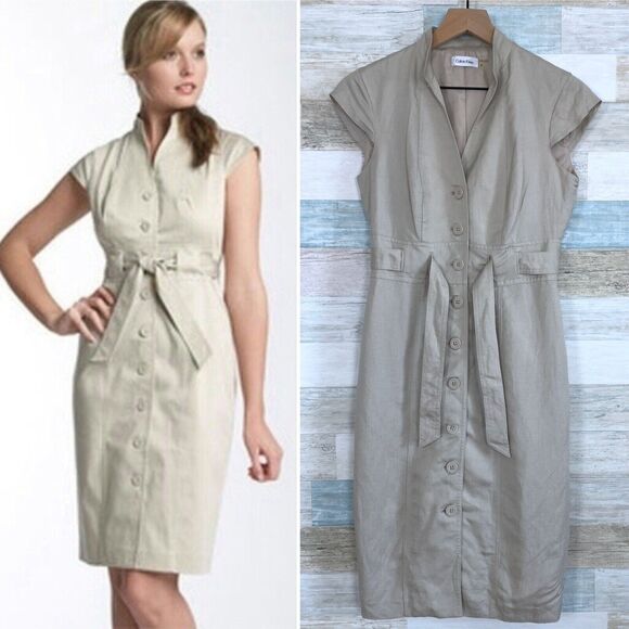 Calvin Klein Linen Tie Waist Safari Midi Shirt Dress Beige Button Down Womens 2 - Picture 1 of 10